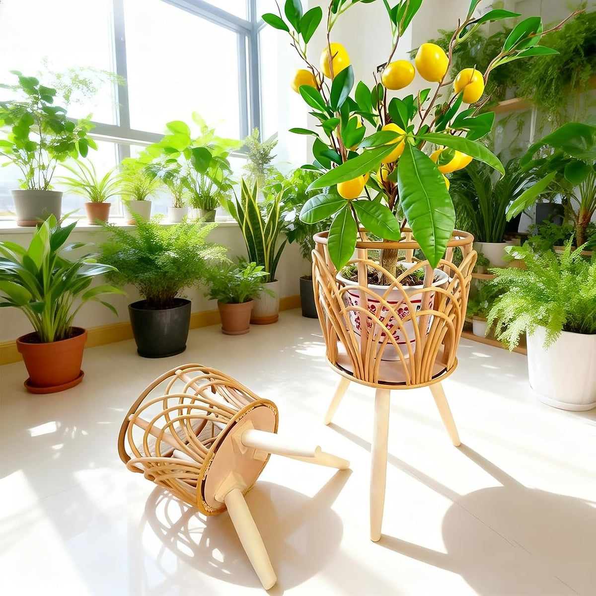 2‑Pack Boho Wooden‑Rattan Plant Display Stands