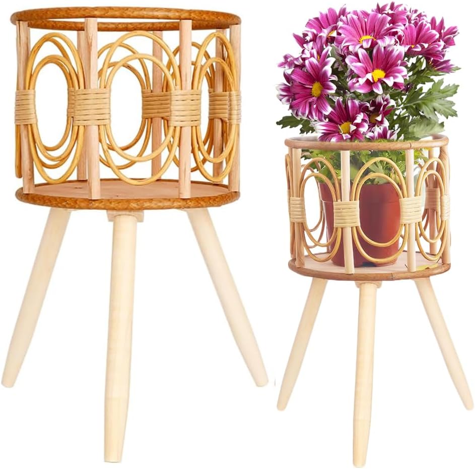 Boho Wooden‑Rattan Multiple‑Plant Display Stand