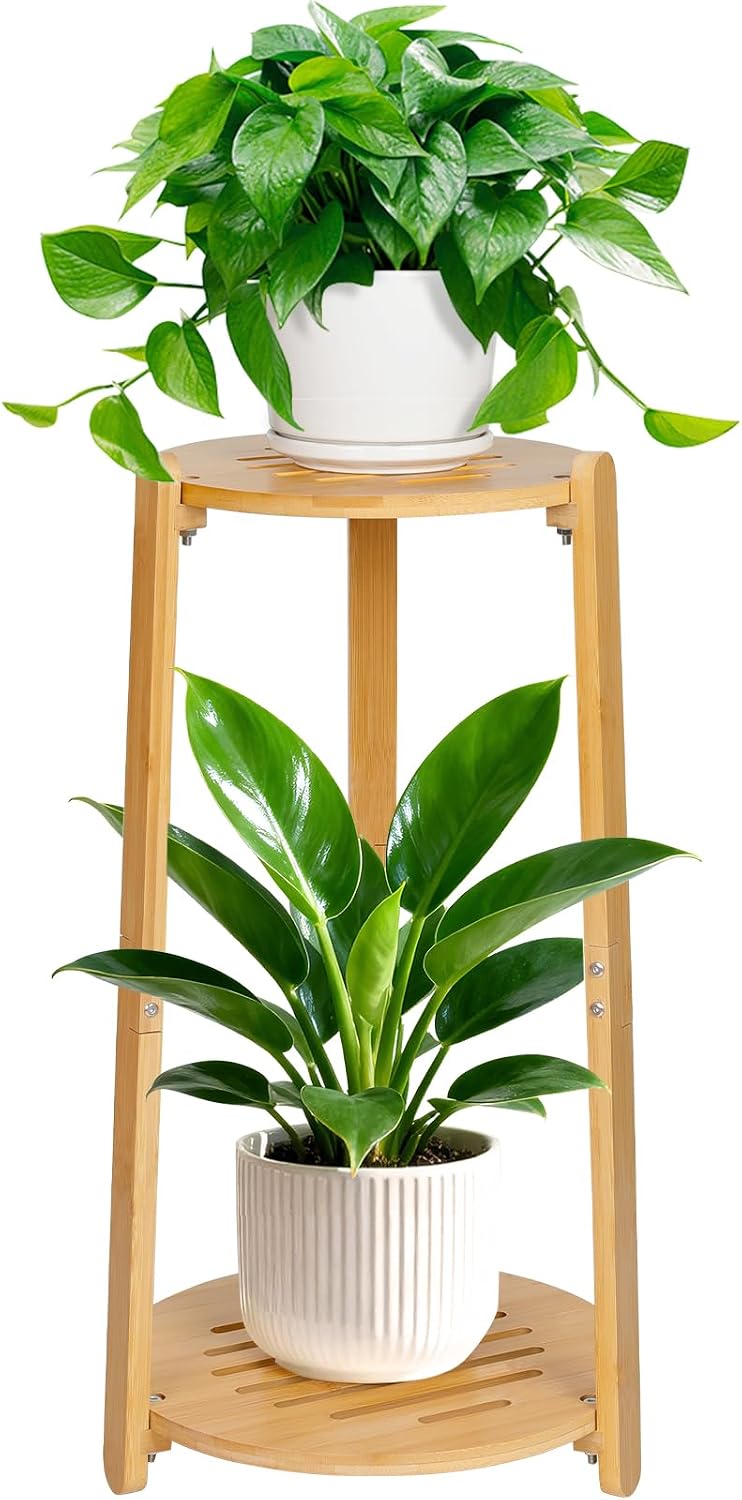 2‑Tier Round Bamboo Indoor Corner Plant Stand Shelf