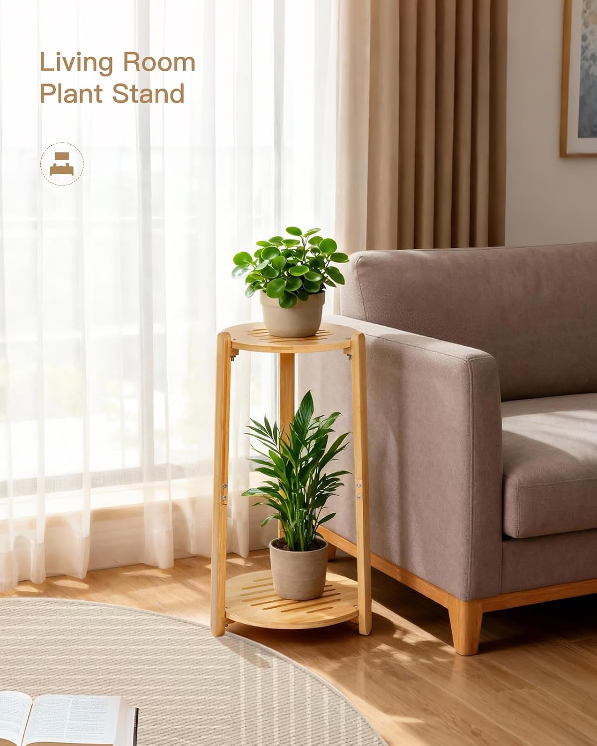 2‑Tier Round Bamboo Indoor Corner Plant Stand Shelf