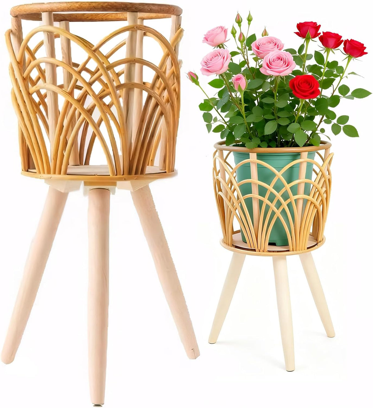 2‑Pack Boho Wooden‑Rattan Plant Display Stands
