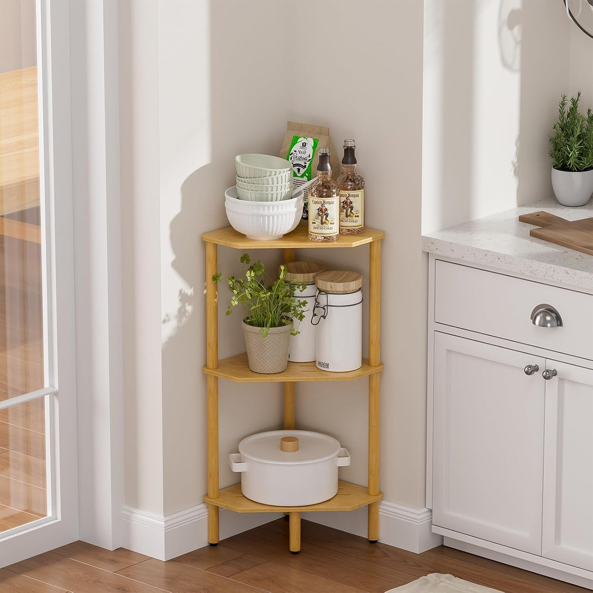 3‑Tier Bamboo Multipurpose Corner Storage Shelf Stand