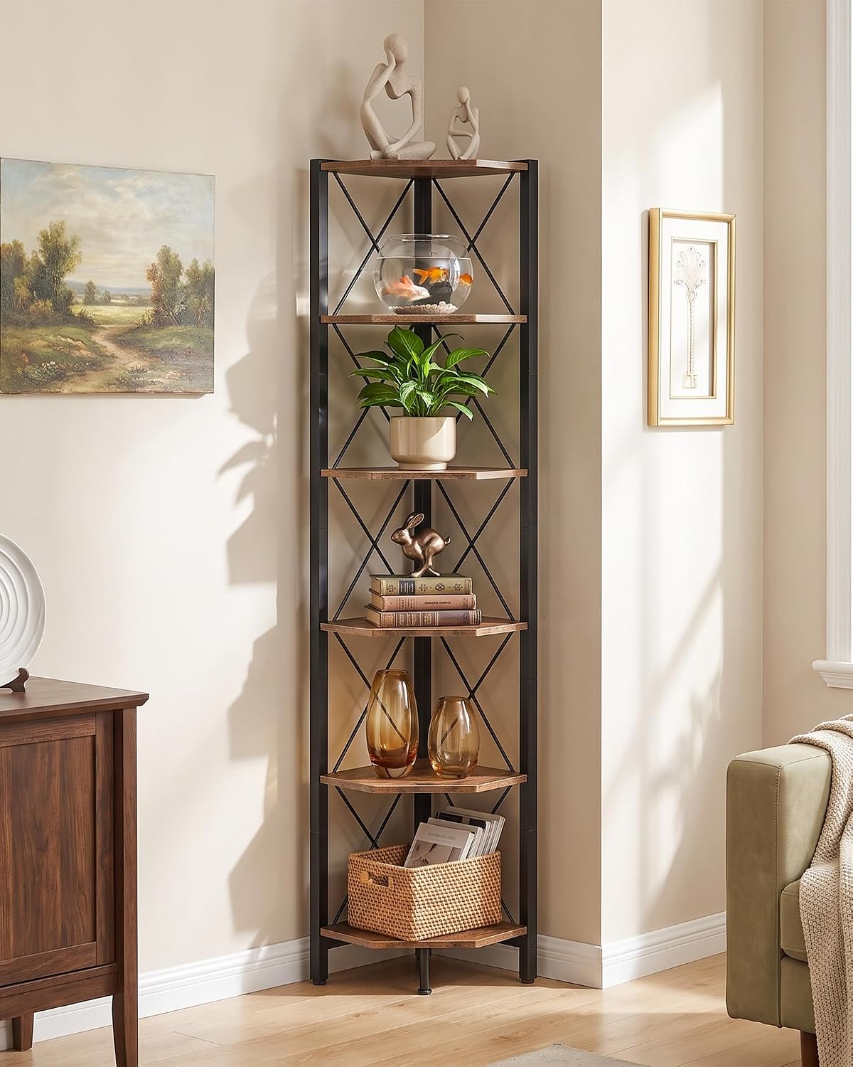6‑Tier Rustic Open Corner Storage Display Shelf