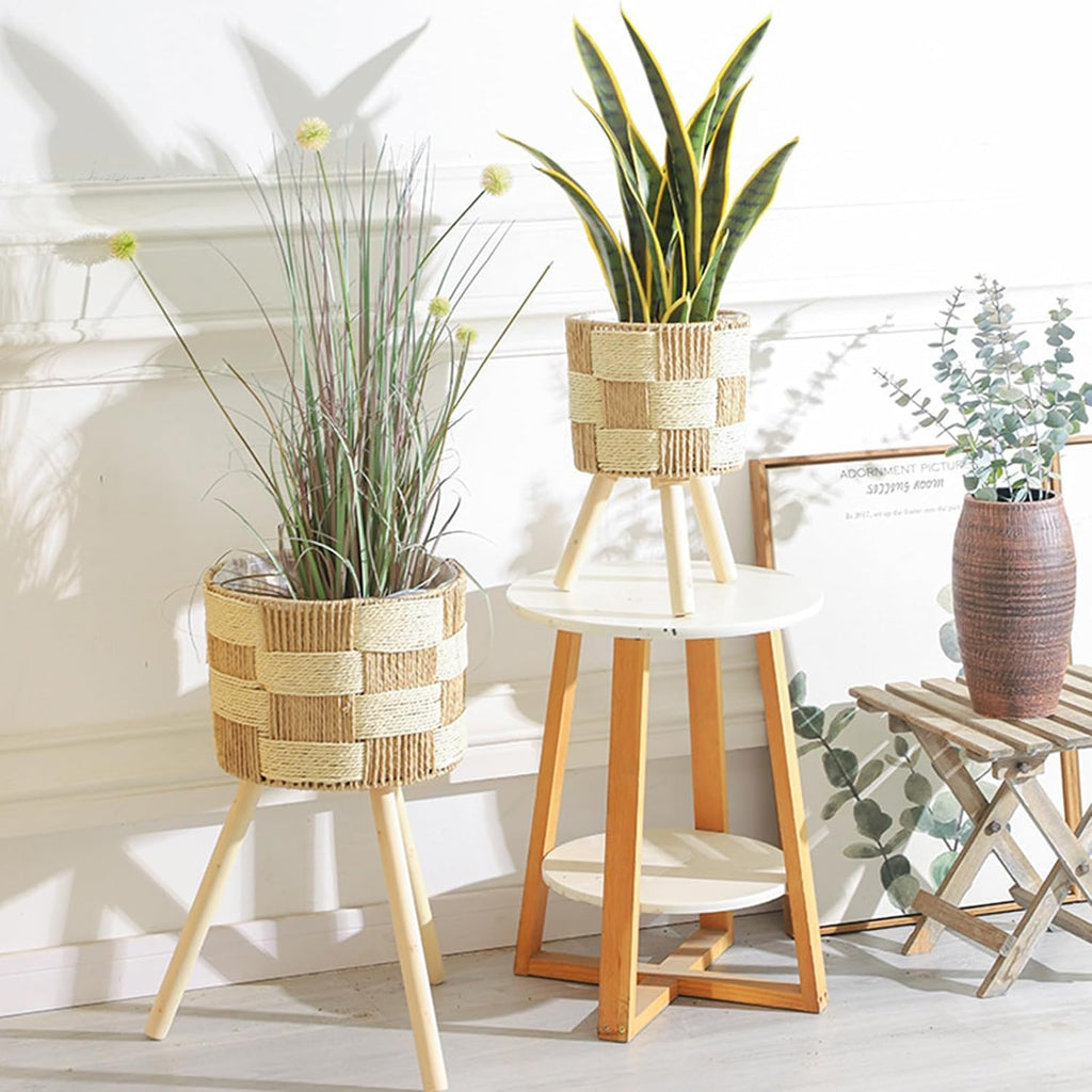 Handwoven Rattan Planter Basket With Wood Stand Rack