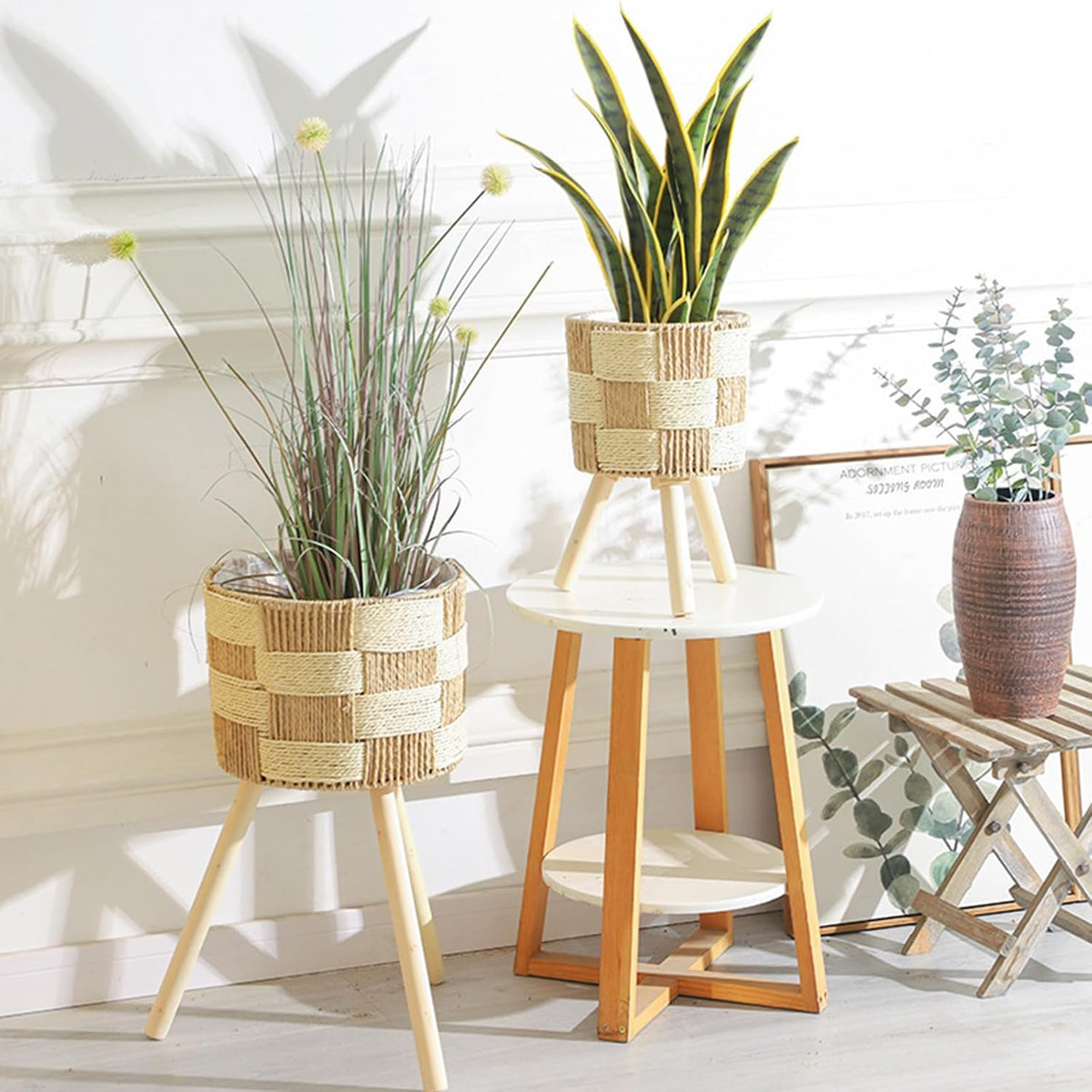 Handwoven Rattan Planter Basket With Wood Stand Rack