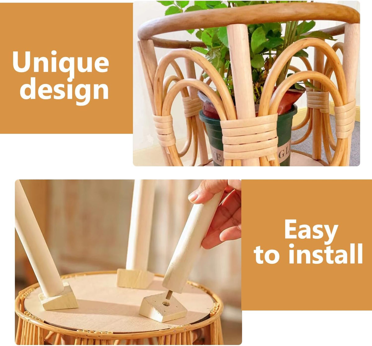 Boho Wooden‑Rattan Multiple‑Plant Display Stand