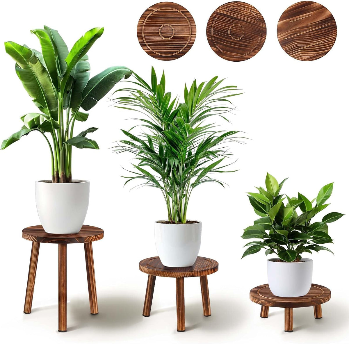 3‑Pack Mid‑Century Wooden Indoor Plant Stools