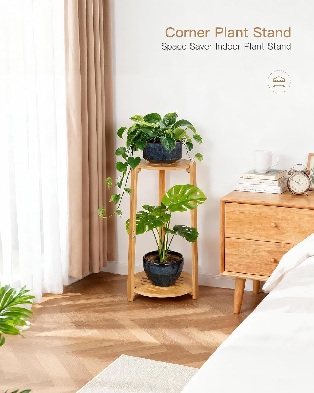 2‑Tier Round Bamboo Indoor Corner Plant Stand Shelf