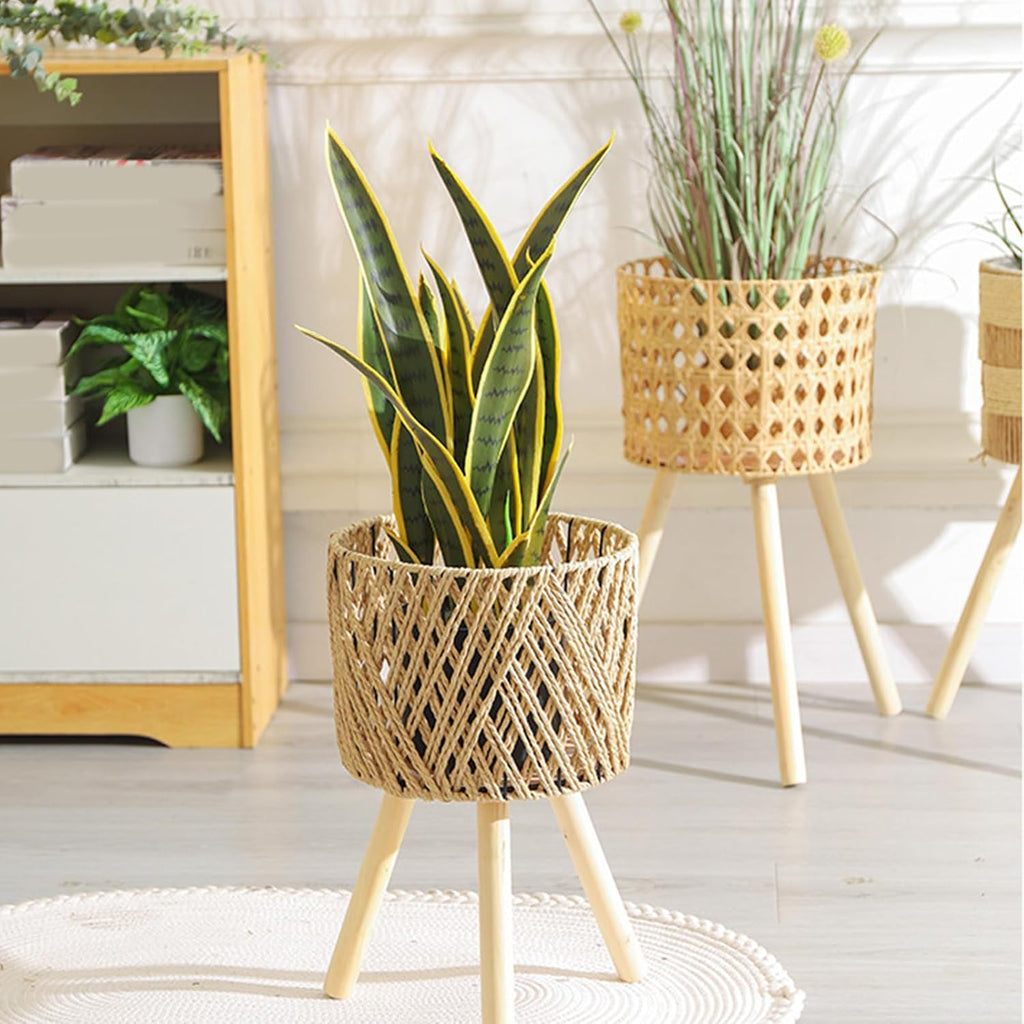 Handwoven Rattan Planter Basket With Wood Stand Rack