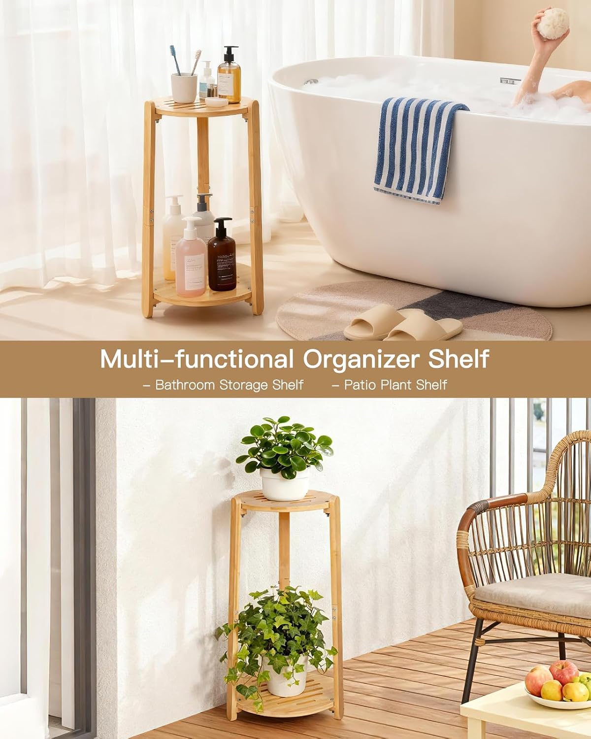 2‑Tier Round Bamboo Indoor Corner Plant Stand Shelf