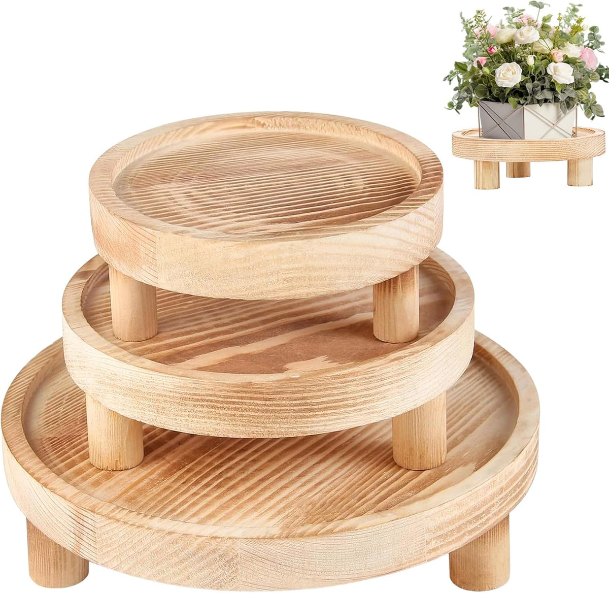3‑Pack Round Wooden Plant Display Riser Stands