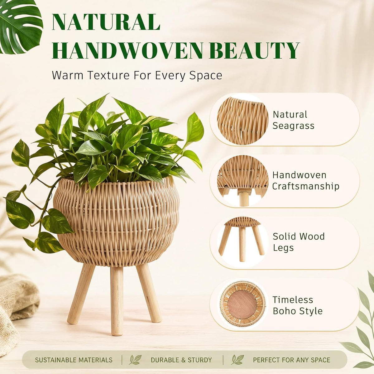 2‑Pack Boho Rattan Indoor Plant Stand Set