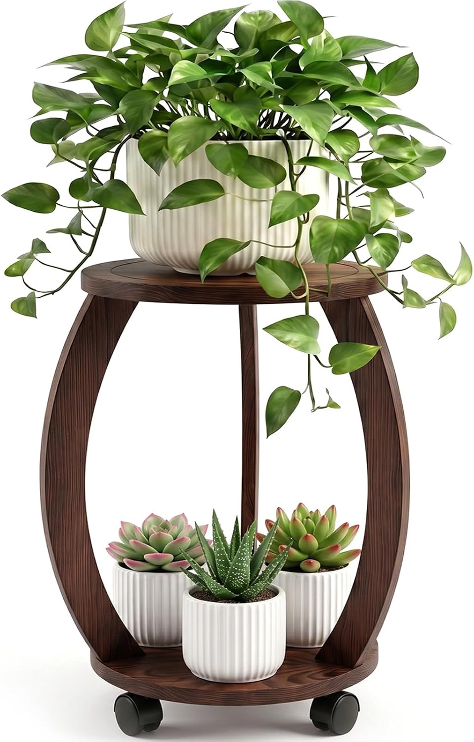 2‑Tier Wheeled Wooden Indoor Plant Stand Table