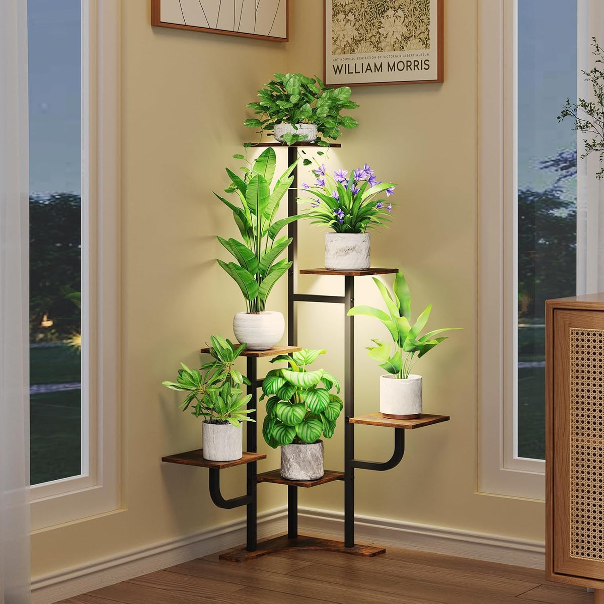 6‑Tier Metal Corner Plant Stand With Grow Light