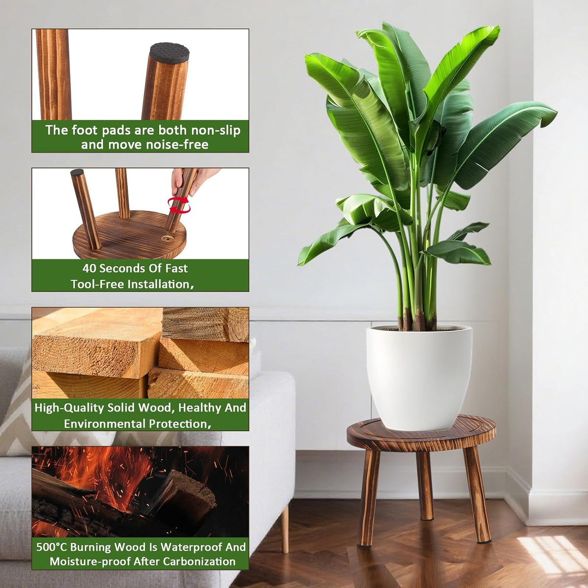 3‑Pack Mid‑Century Wooden Indoor Plant Stools