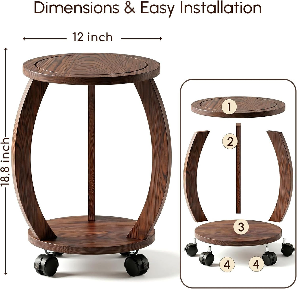 2‑Tier Wheeled Wooden Indoor Plant Stand Table