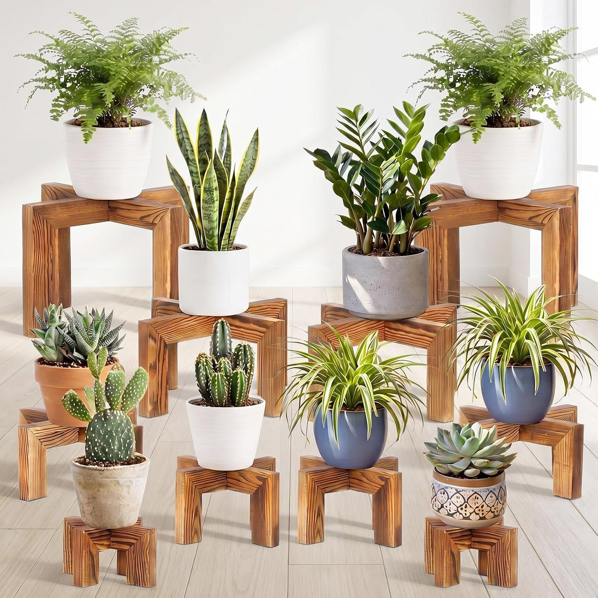 10‑Pack Multi‑Size Wooden Indoor‑Outdoor Plant Stands