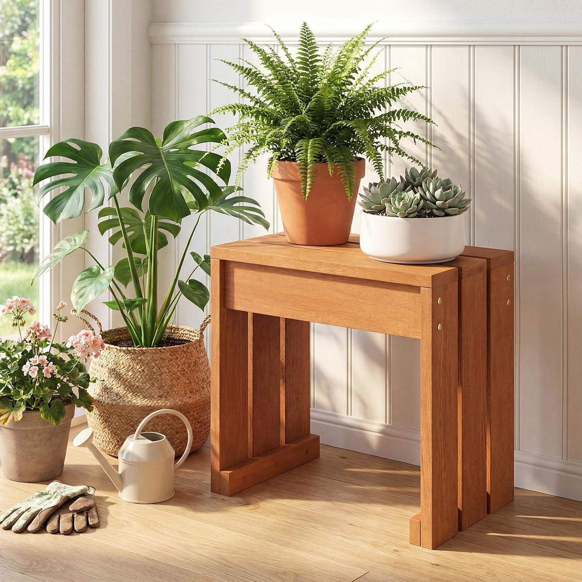 Slatted‑Top Wooden Indoor Flower Pot Plant Stand