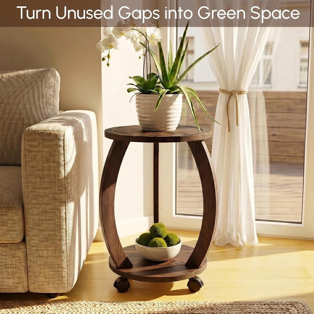 2‑Tier Wheeled Wooden Indoor Plant Stand Table