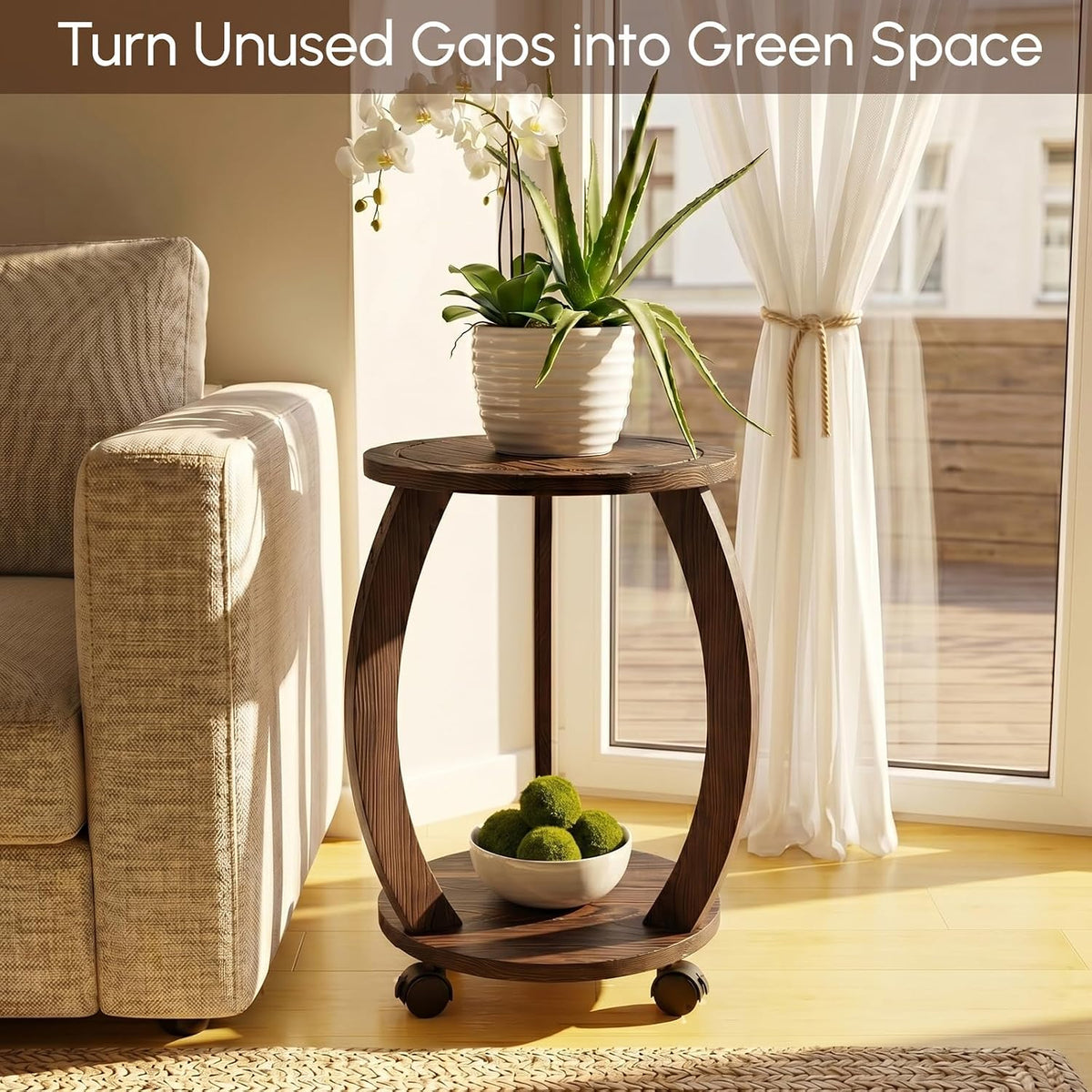 2‑Tier Wheeled Wooden Indoor Plant Stand Table
