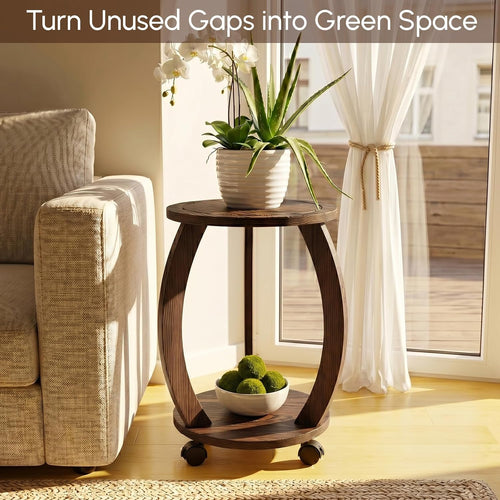 2‑Tier Wheeled Wooden Indoor Plant Stand Table