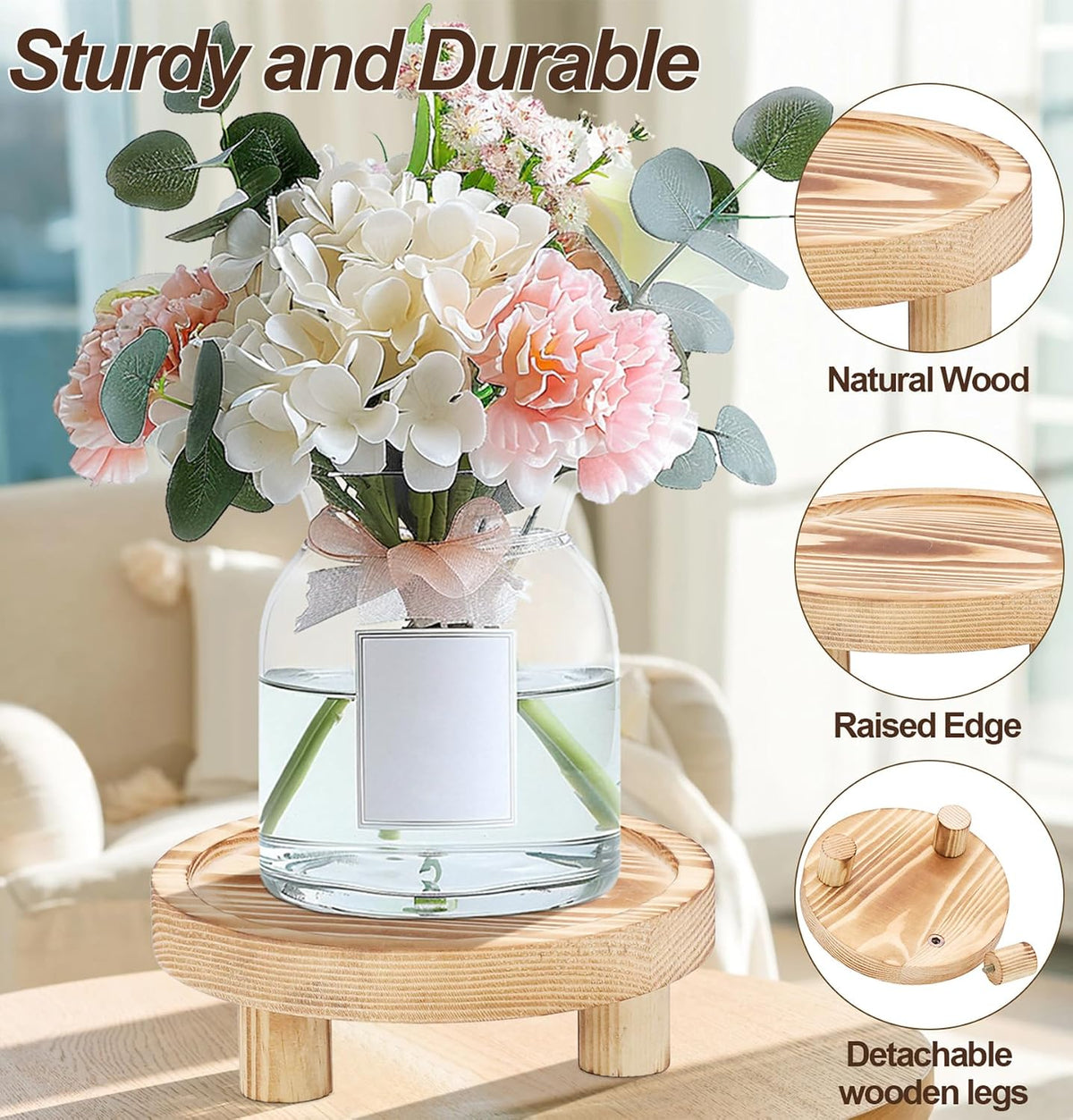 3‑Pack Round Wooden Plant Display Riser Stands