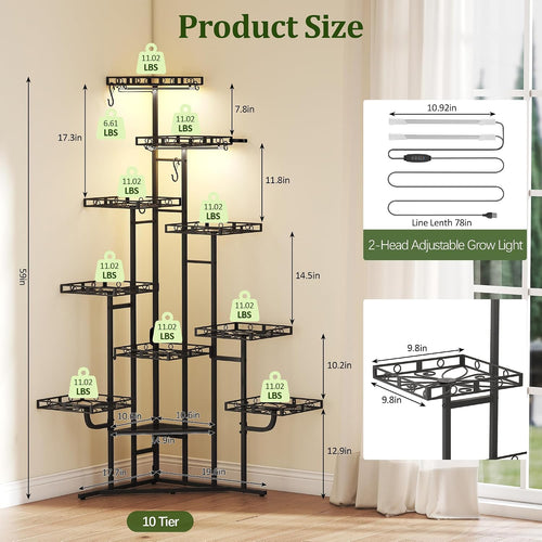 10‑Tier Metal Corner Plant Stand With Grow Lights