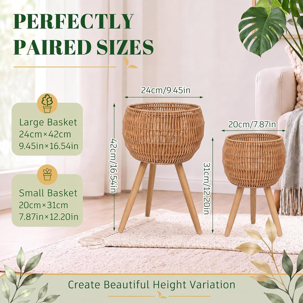 2‑Pack Boho Rattan Indoor Plant Stand Set