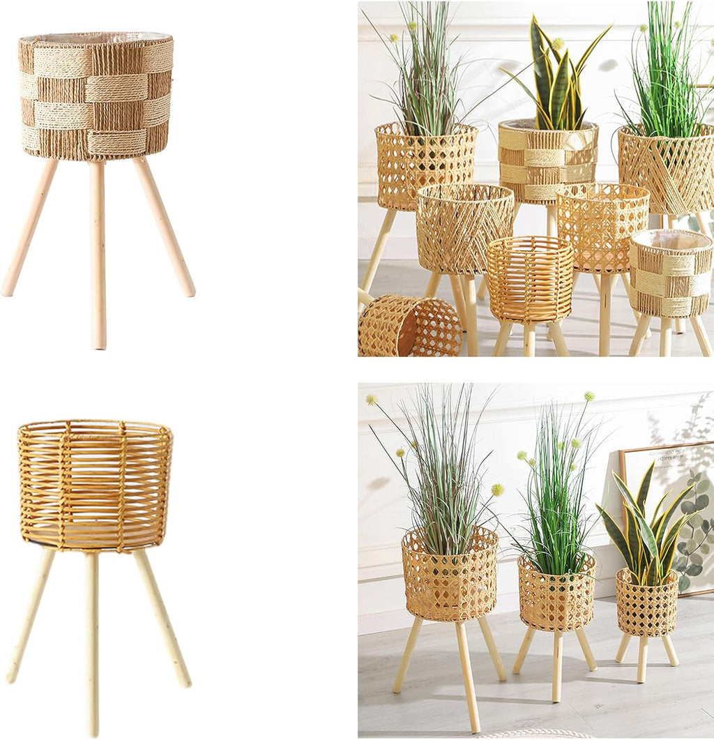 Handwoven Rattan Planter Basket With Wood Stand Rack