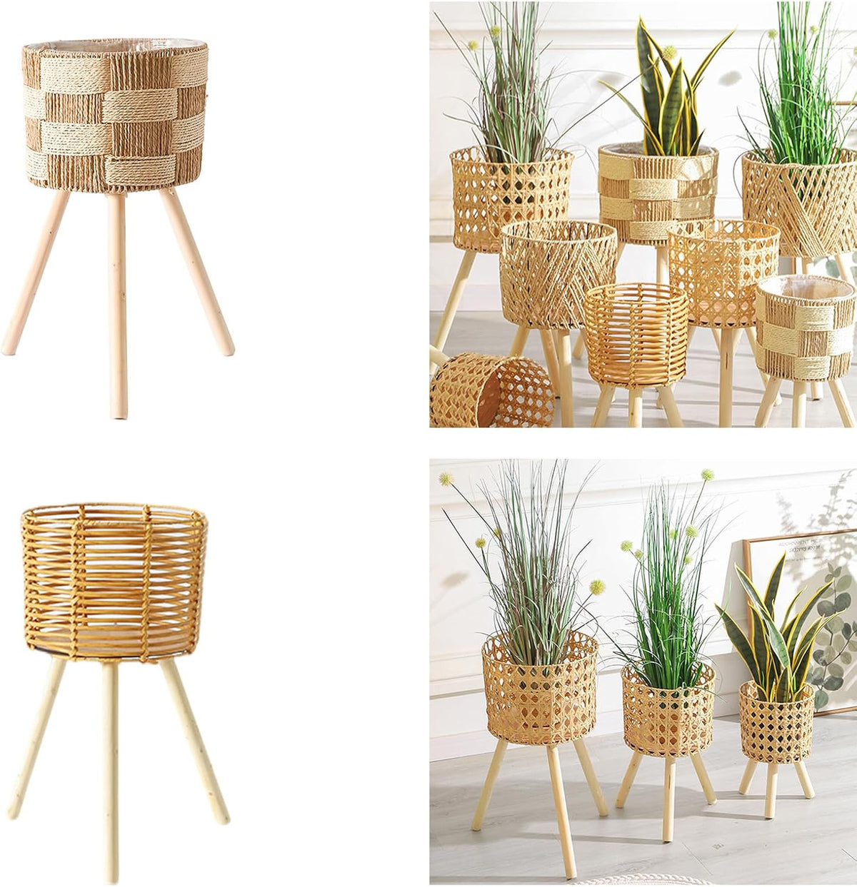 Handwoven Rattan Planter Basket With Wood Stand Rack