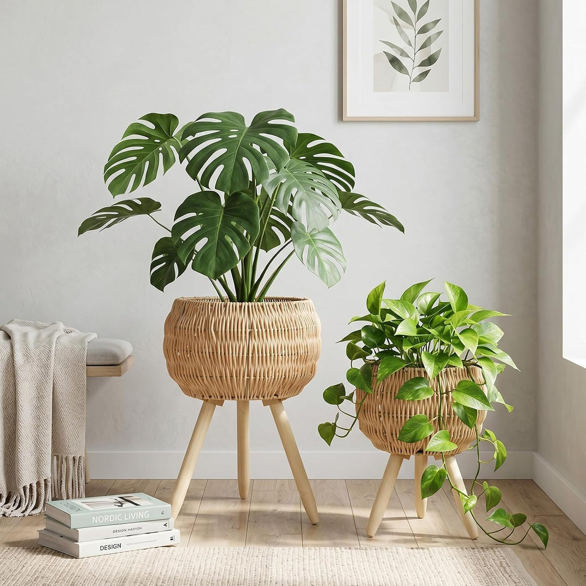 2‑Pack Boho Rattan Indoor Plant Stand Set
