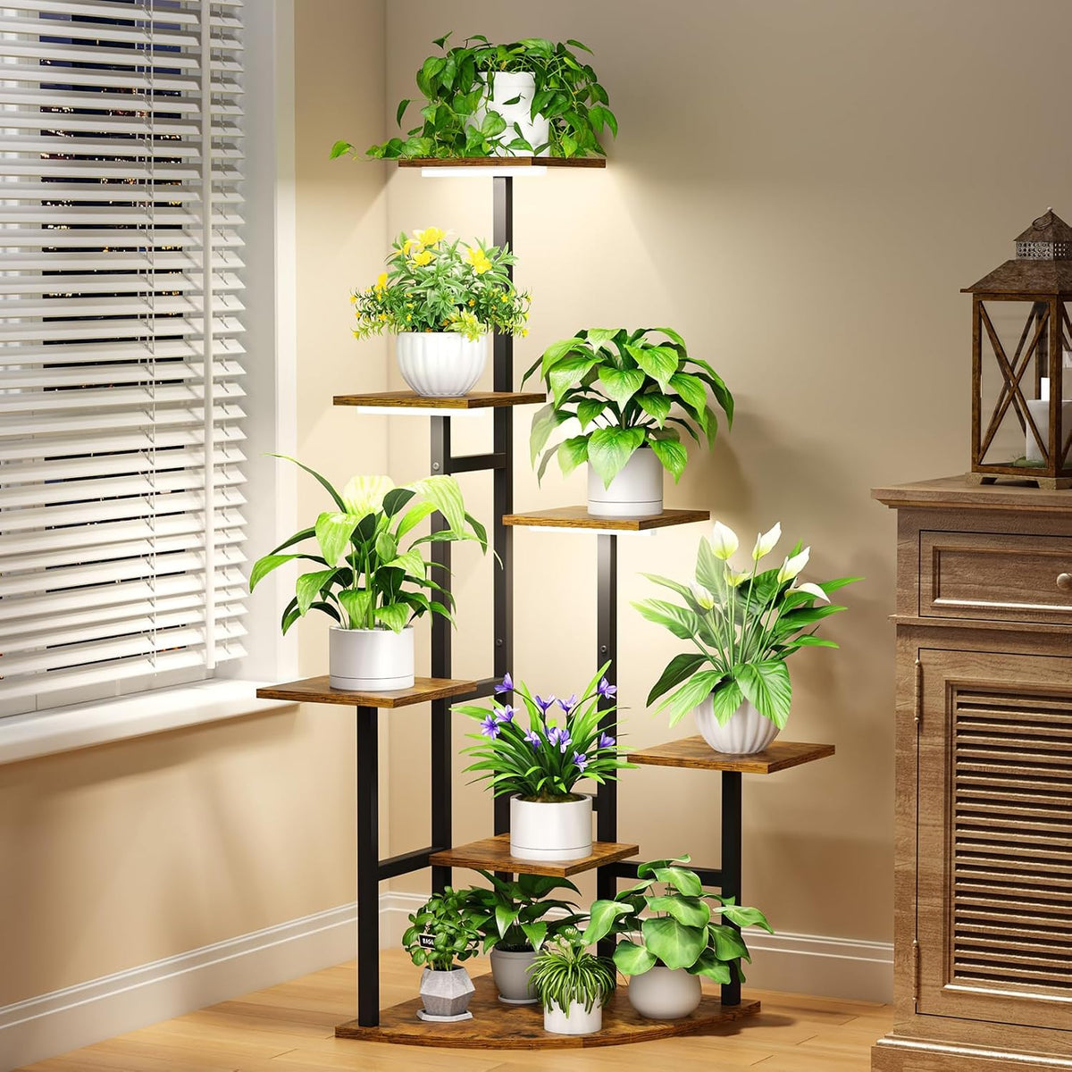 7‑Tier Square Corner Plant Stand With Grow Lights