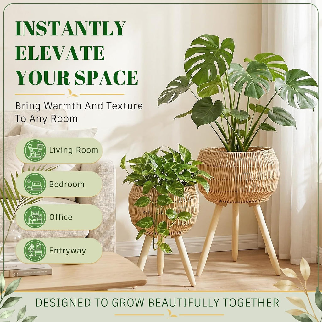 2‑Pack Boho Rattan Indoor Plant Stand Set