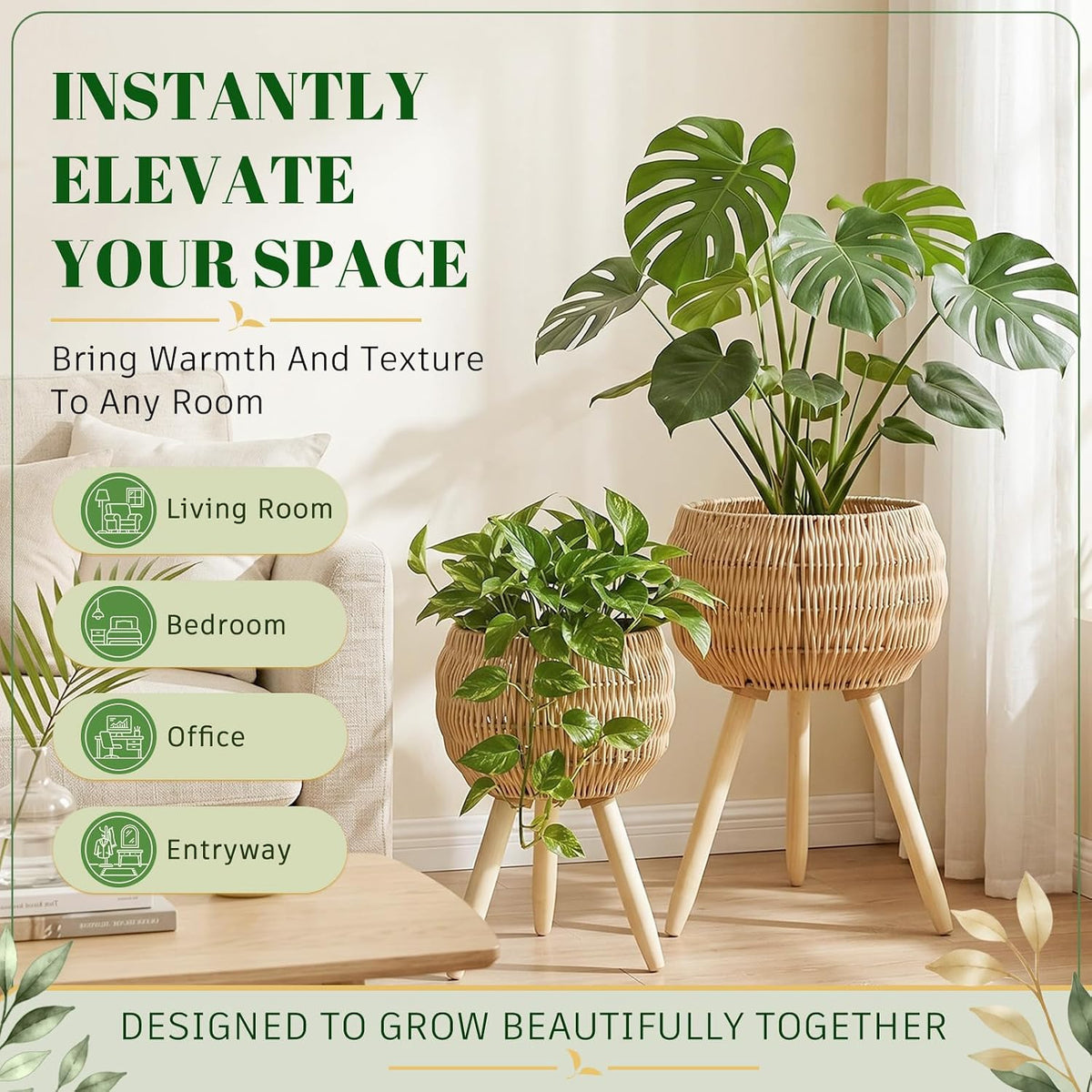 2‑Pack Boho Rattan Indoor Plant Stand Set