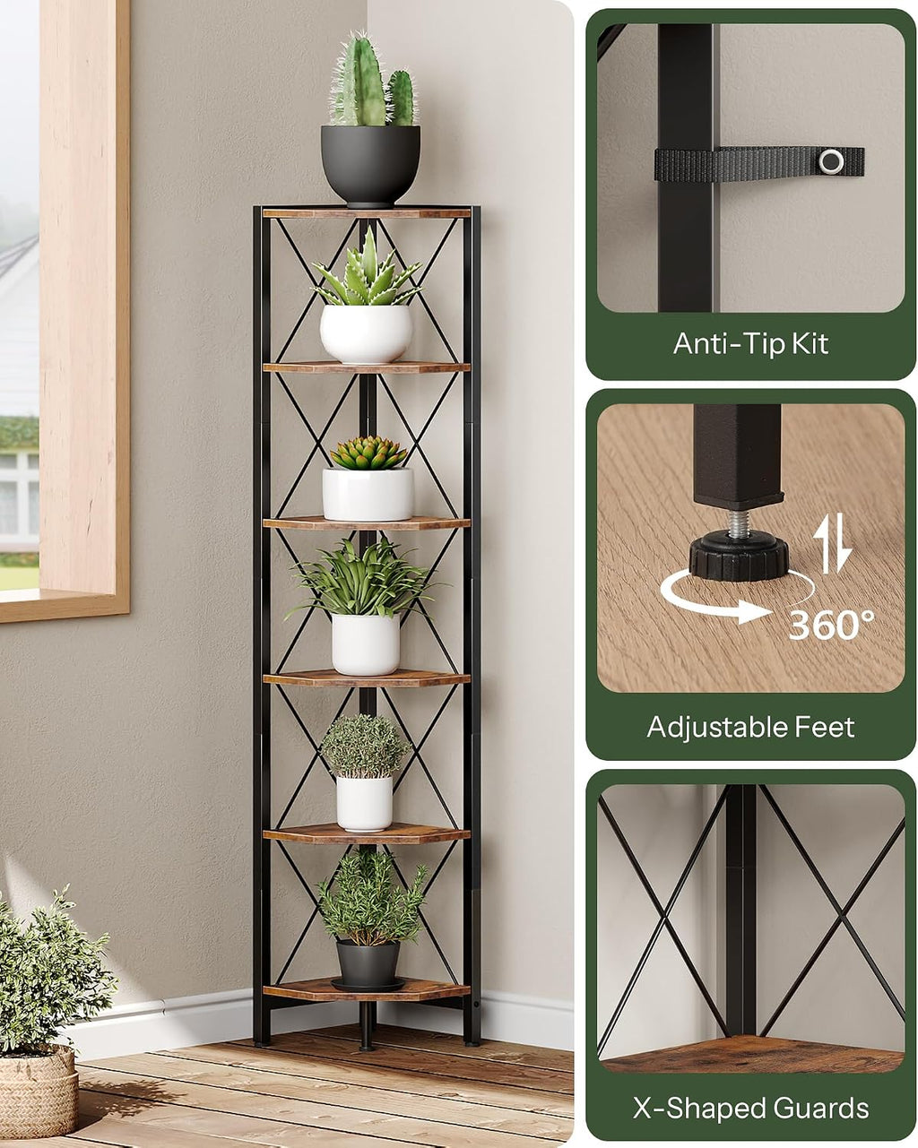 6‑Tier Rustic Open Corner Storage Display Shelf