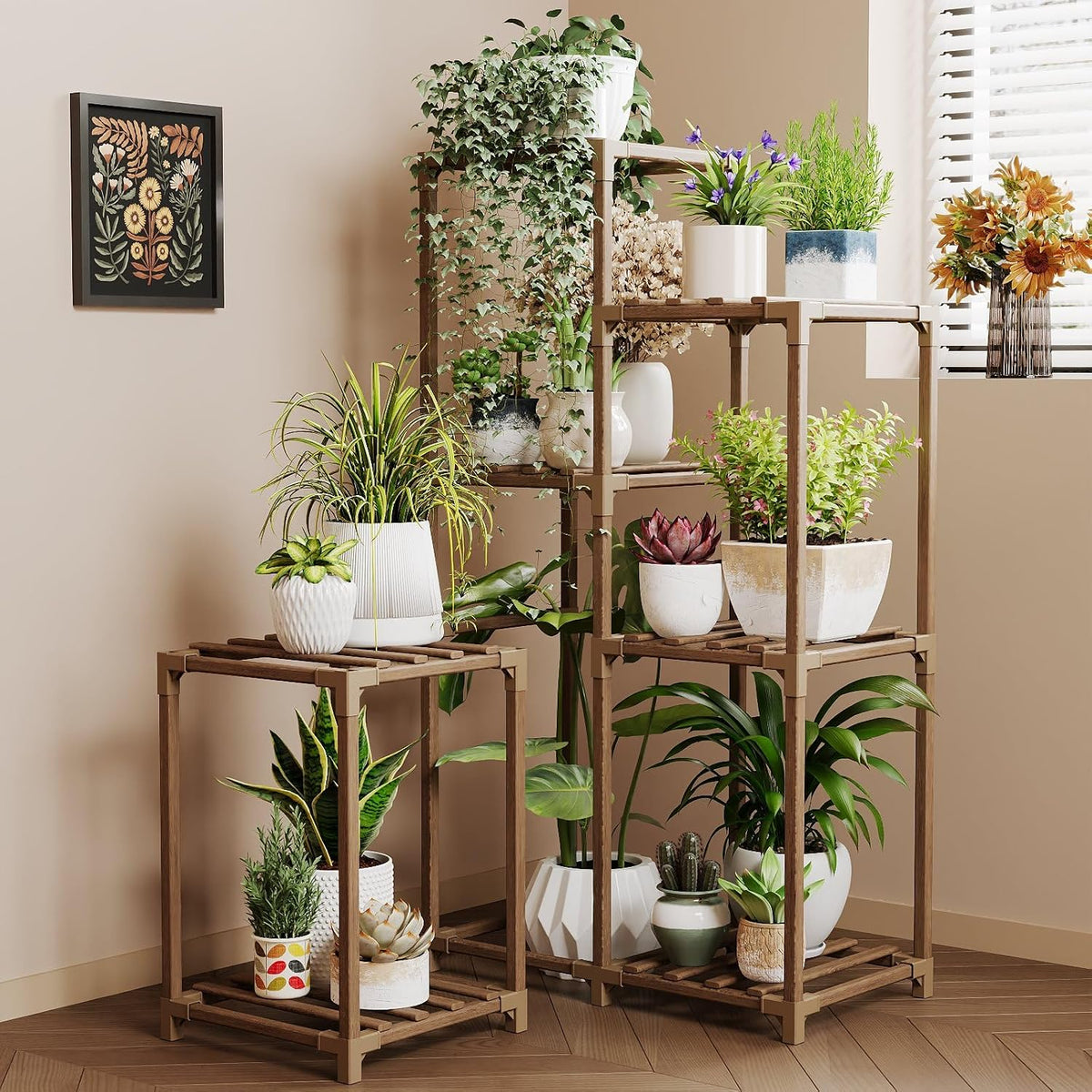 Wooden Indoor Corner Multi‑Tier Plant Stand Shelf