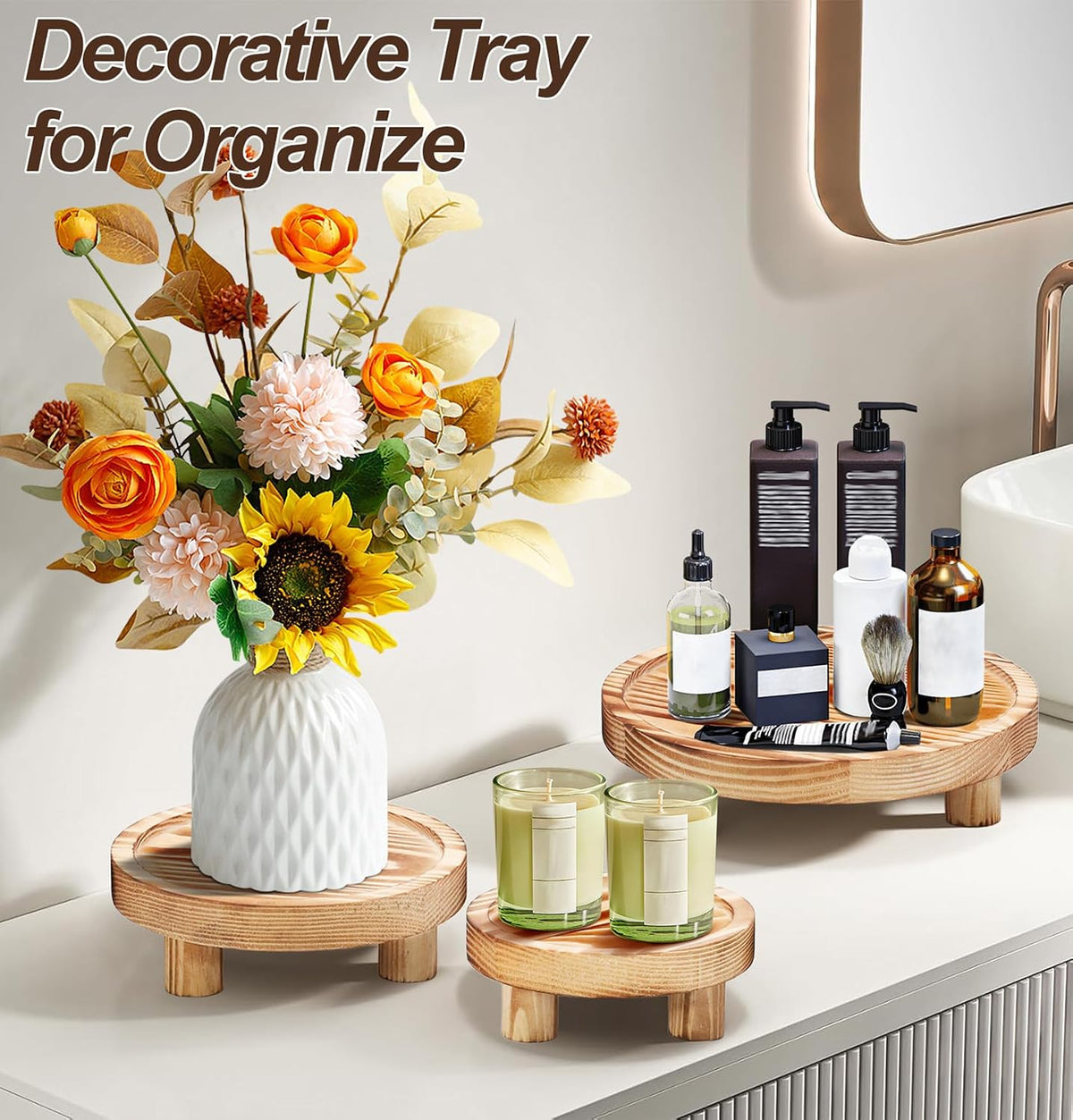 3‑Pack Round Wooden Plant Display Riser Stands