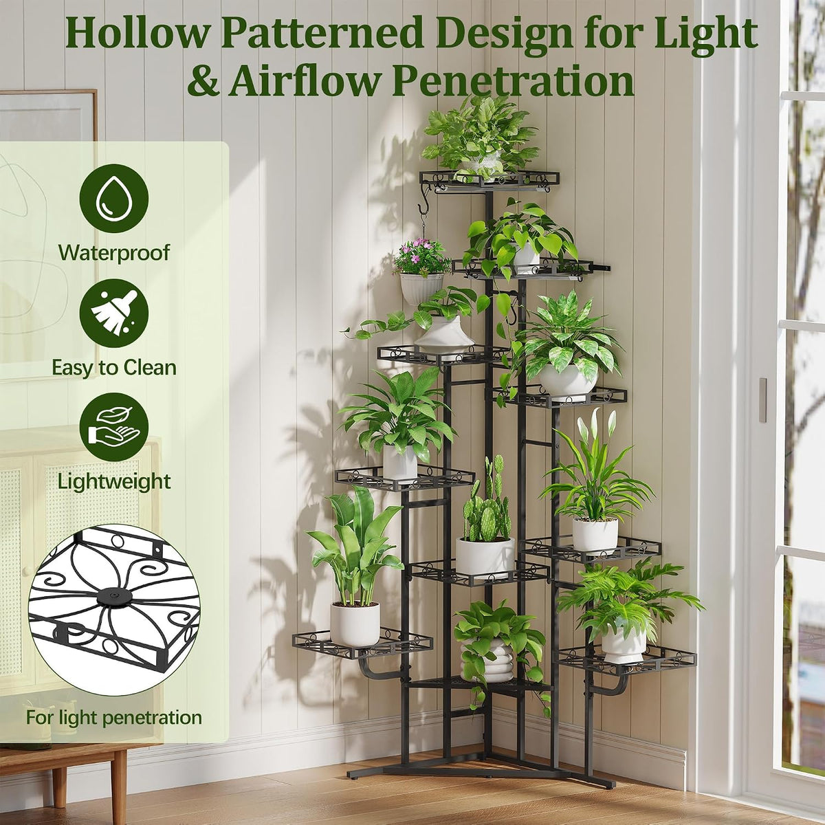 10‑Tier Metal Corner Plant Stand With Grow Lights