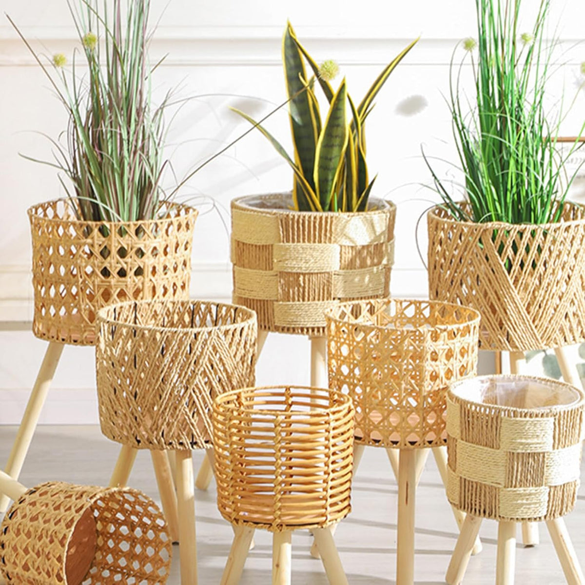 Handwoven Rattan Planter Basket With Wood Stand Rack