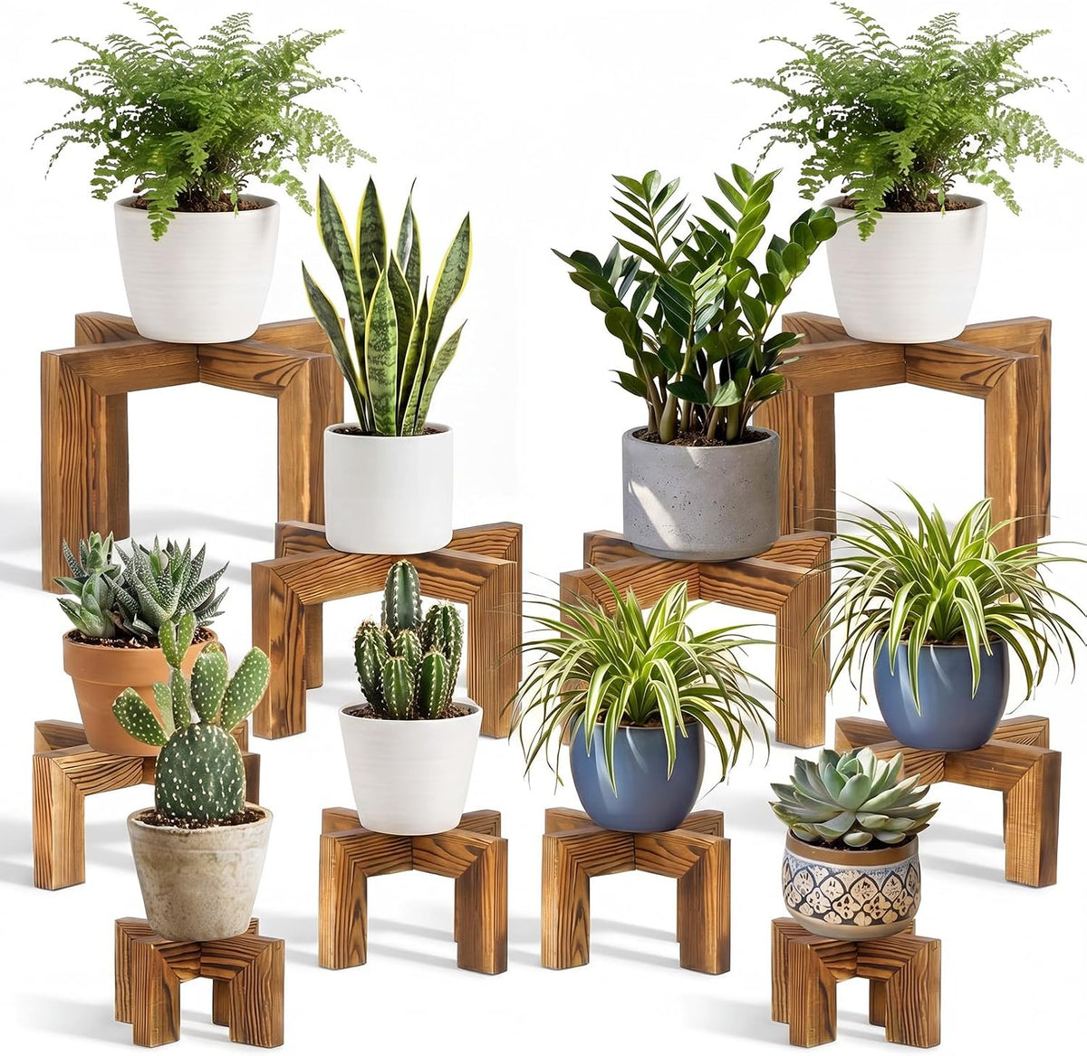 10‑Pack Multi‑Size Wooden Indoor‑Outdoor Plant Stands