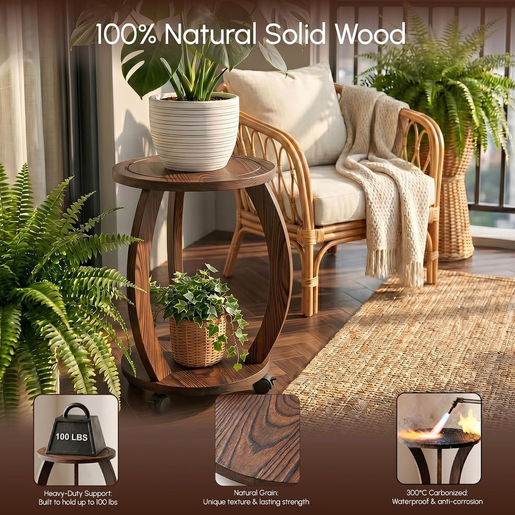 2‑Tier Wheeled Wooden Indoor Plant Stand Table