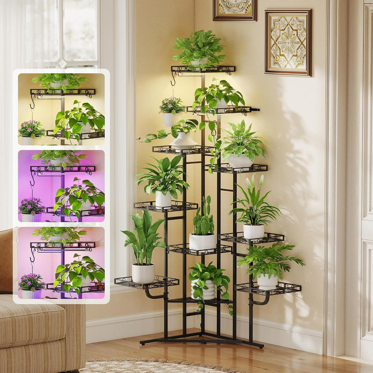 10‑Tier Metal Corner Plant Stand With Grow Lights